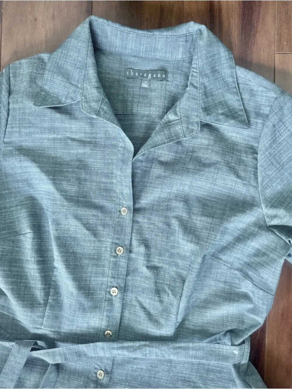 Sharagano Dusty Blue Tie-Waist Button Front Midi Shirt Dress with Pockets - Picture 6 of 8